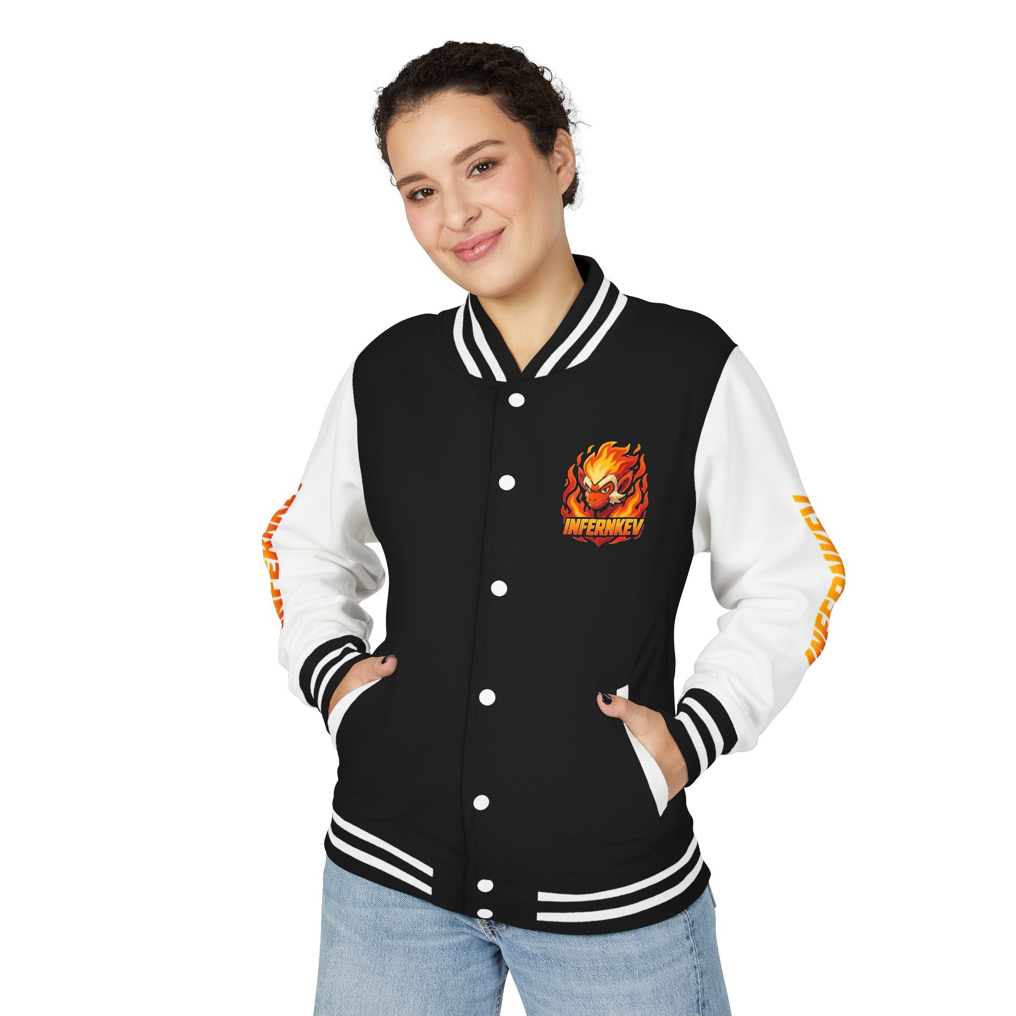 'INFERNKEV' Flame Mascot Letterman Jacket — Varsity Bomber